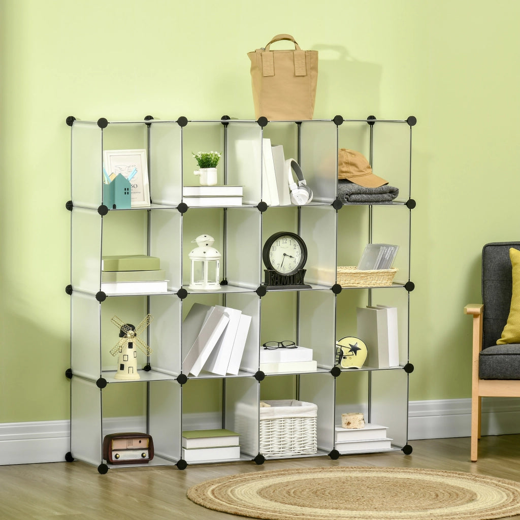 Sistema di scaffali modulare a 16 cubi con struttura in acciaio, bianco, 125x32x125 cm