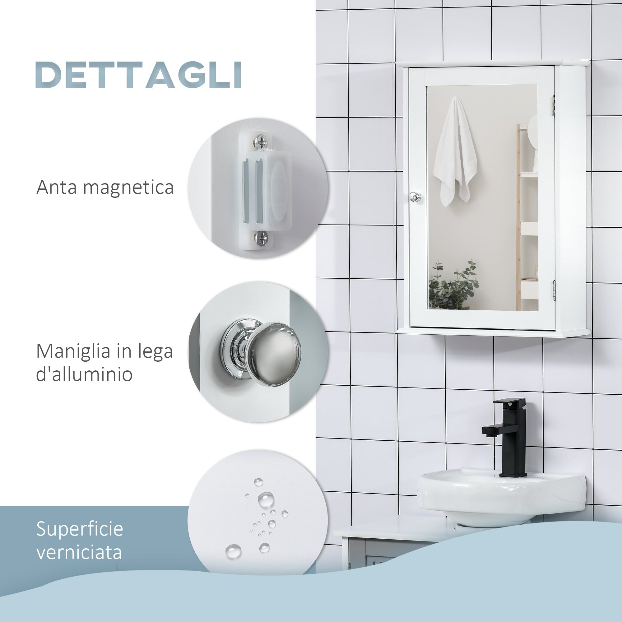 Pensile da Bagno 1 Anta Specchio 41x14x60 cm a Chiusura Magnetica Bianco