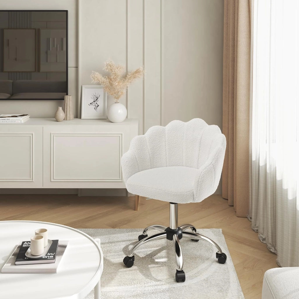 Sedia da Trucco con Schienale a Petalo, Sedia Ufficio con Braccioli e Rotelle, Poltroncina Girevole, Altura Regolabile, Cashmere, Crema