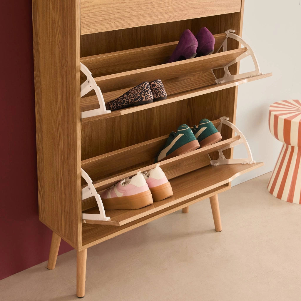 Scarpiera con decoro in legno, 3 ante, marrone naturale