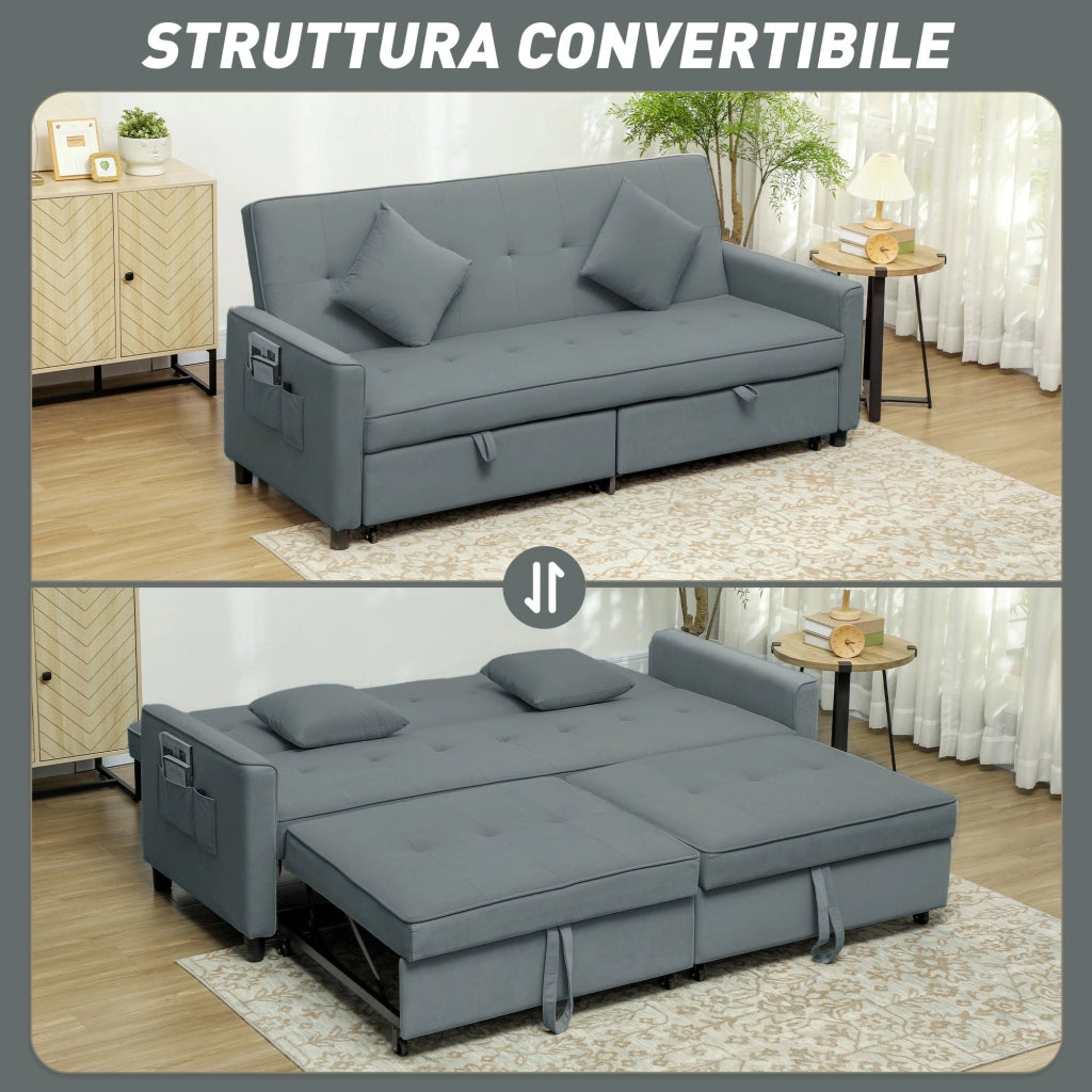 Divano Letto 3 Posti Clic Clac 196x90x89 cm con Schienale Reclinabile e 2 Cuscini Grigio