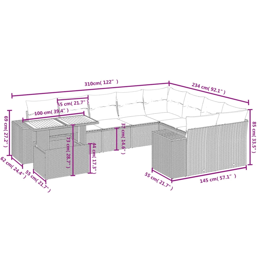 Set Divano da Giardino 10 pz con Cuscini Grigio in Polyrattan 3272803