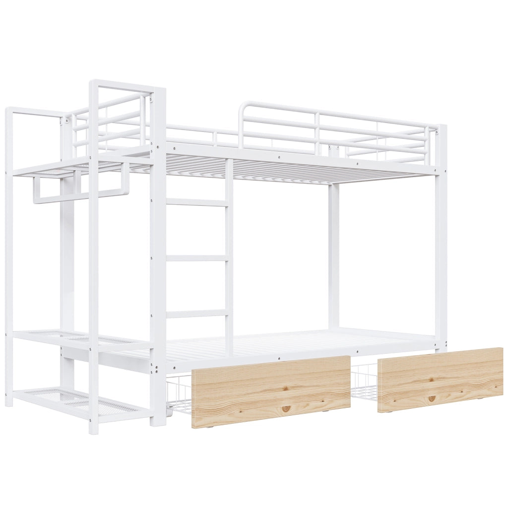 Letto a castello 90x200 cm con struttura in metallo; 2 cassetti; ripiani e LED; bianco