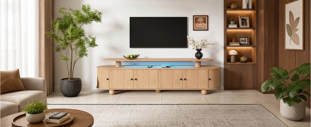 Mobile porta TV ovale a doppio livello con 4 ante e 2 porte scorrevoli, LED ambiente, per soggiorno, naturale 180 × 40 × 48 cm
