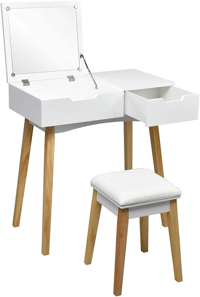 Tavolo da toeletta con sgabello e specchio pieghevole, in legno con cassetto, facile da montare per camera da letto, bagno, bianco