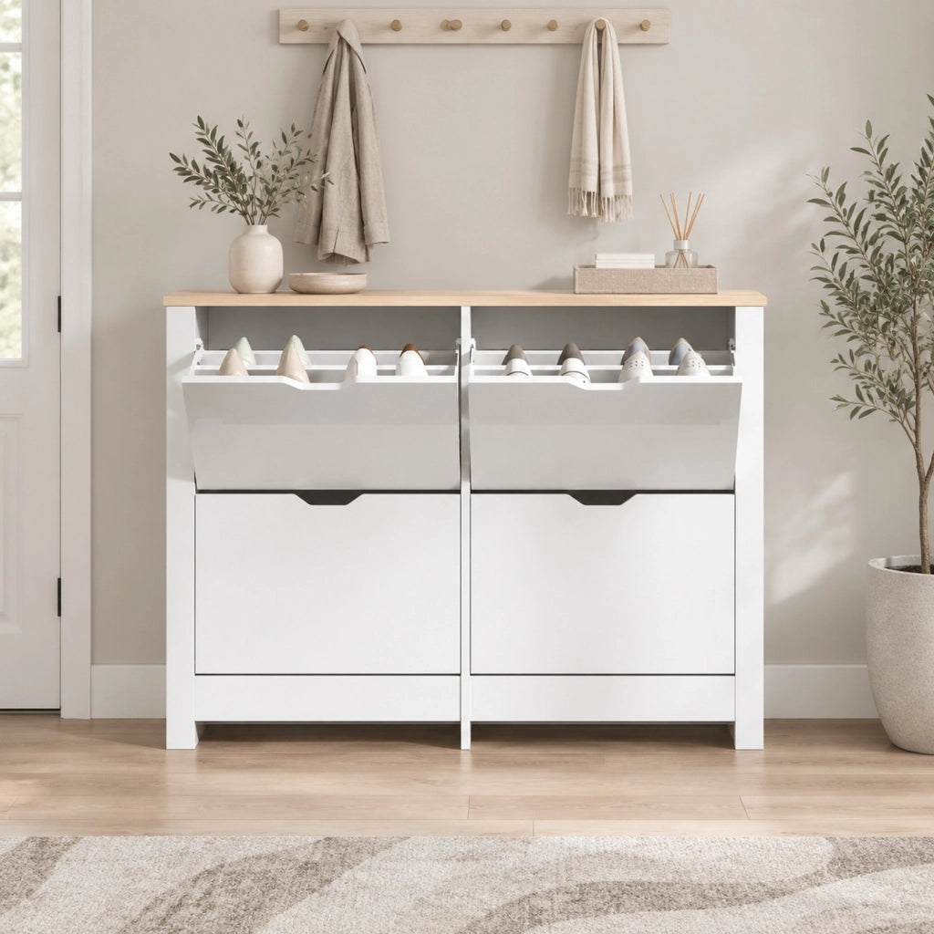 Scarpiera con 4 cassetti estraibili e ripiani; 105 x 26 x 80 cm; bianco