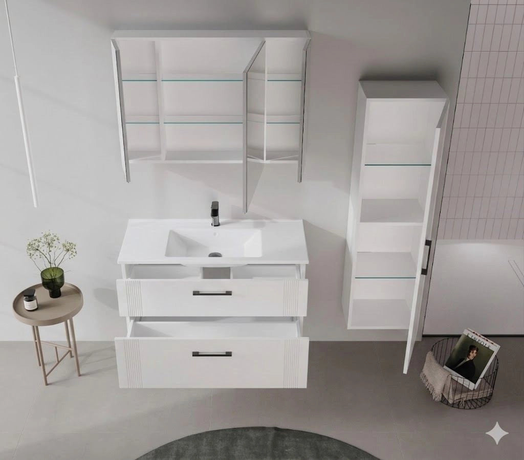 Set mobile lavabo con specchio (2 pezzi) "Bari 100 v2" - 100 x 45 x 55 cm - Bianco opaco