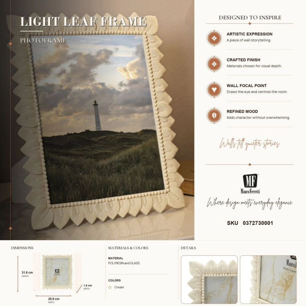 Cornice portafoto Light Leaf in resina crema con foglie 20x25