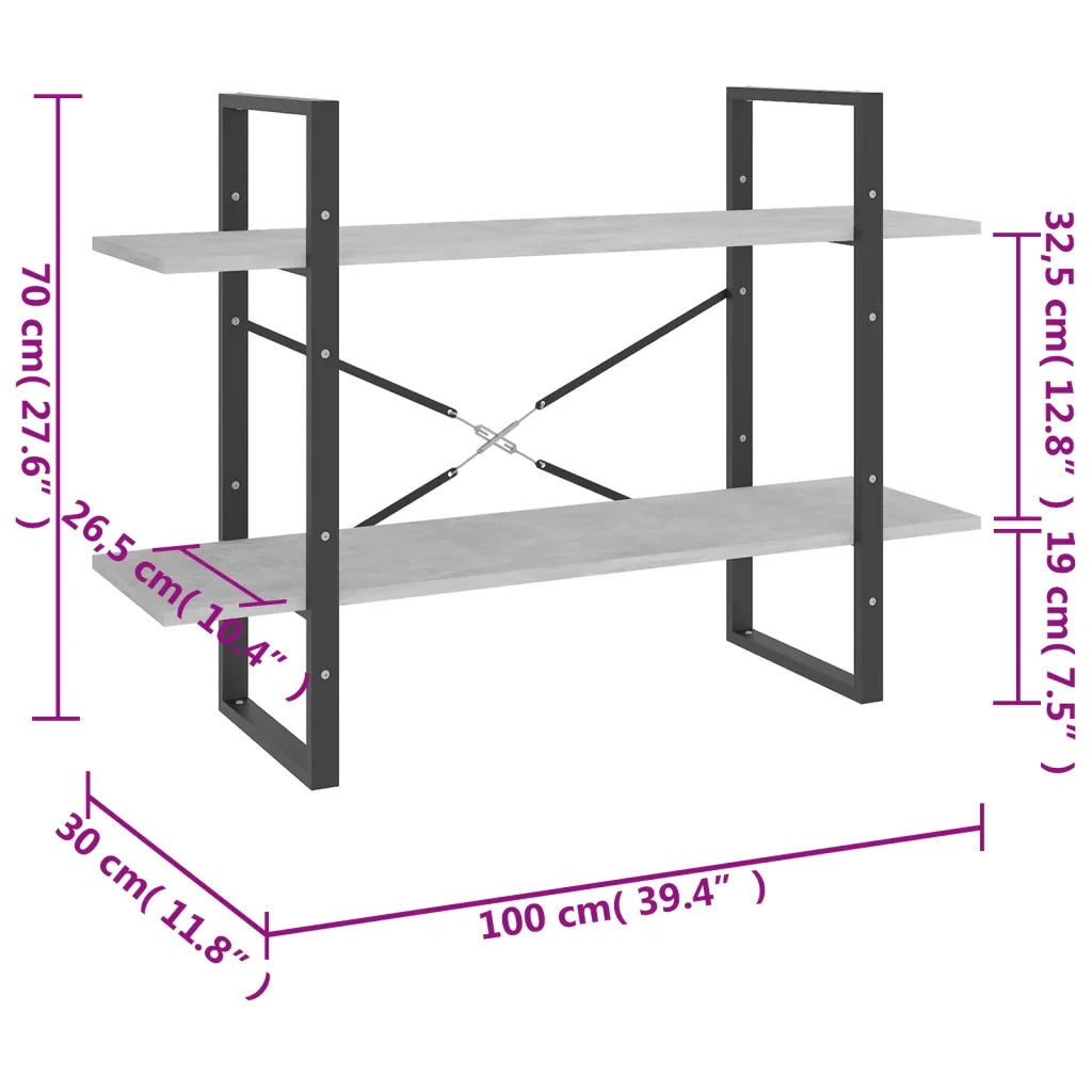 Libreria 2 Ripiani-Scaffale per Libri-Mobile di Stoccaggio Grigio Cemento 100x30x70cm Legno Multistrato