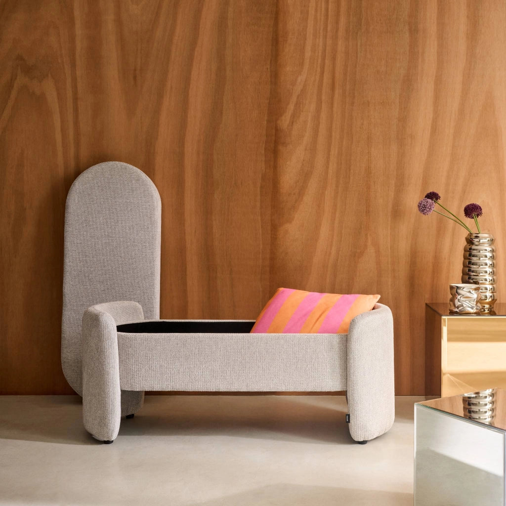 Panca contenitore, fondo letto contemporaneo in tessuto, grigio chiaro
