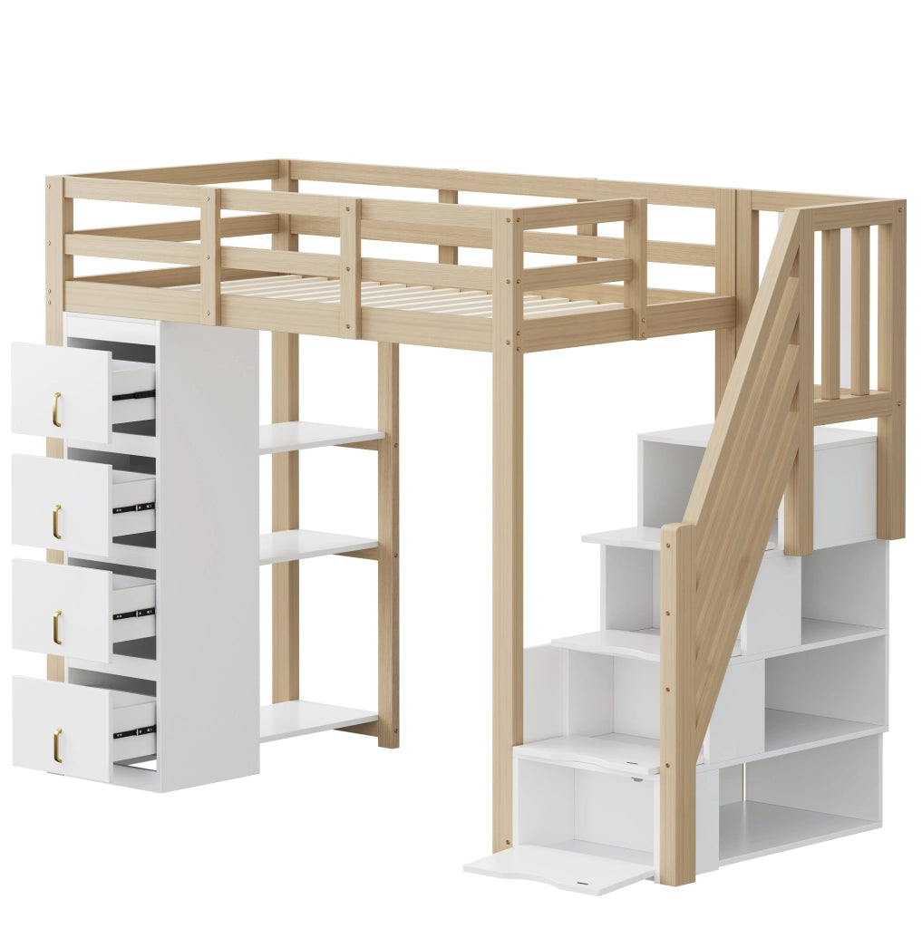 Letto a soppalco 90x200 cm in legno massello con cassetti contenitori e scala di sicurezza