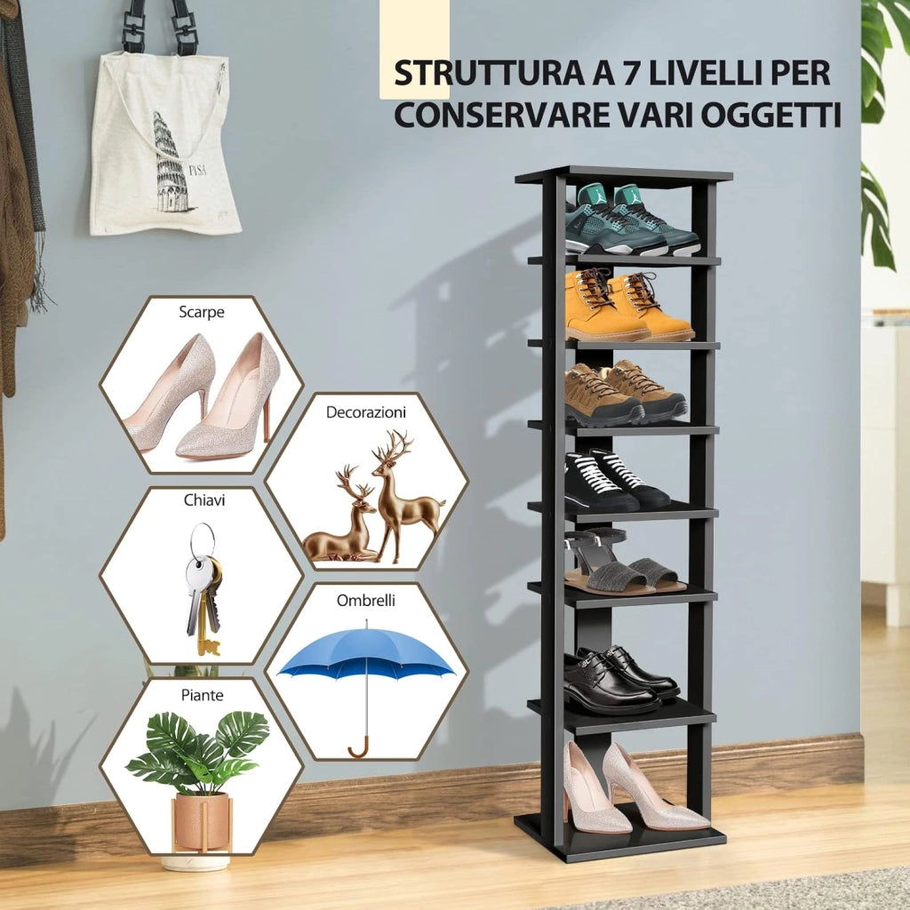 Scarpiera a 7 Ripiani, Scaffale Portascarpe in Legno con 2 Ripiani di Diverse Altezze, Scaffale Portaoggetti Multifunzione per Ingresso Soggiorno Camera da Letto, 28,5x25,5x110 cm (Nero)