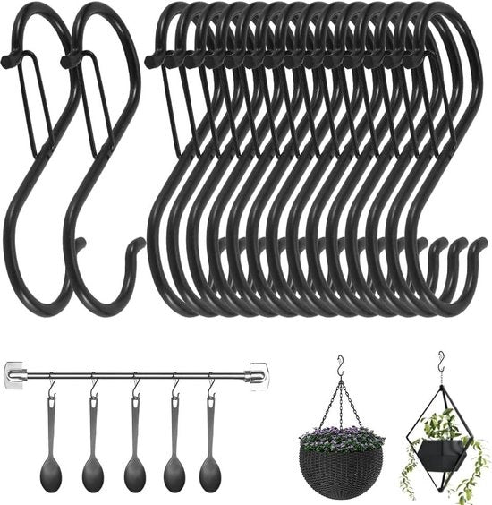 16 Haken a forma di S per cucina, bagno, camera da letto, ufficio, giardino e negozio - anticorrosione - resistente fino a 30 kg - nero