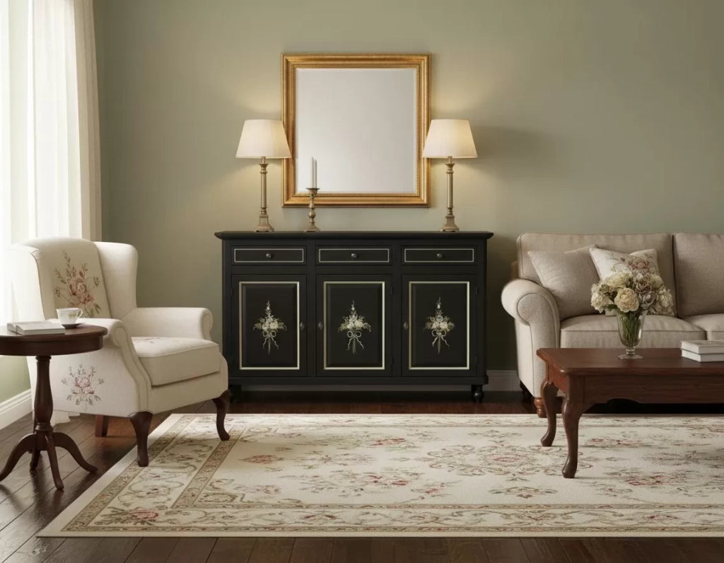 Madia credenza 3 ante legno shabby nero decorata filo oro 158x45x98 - Mobili 2G