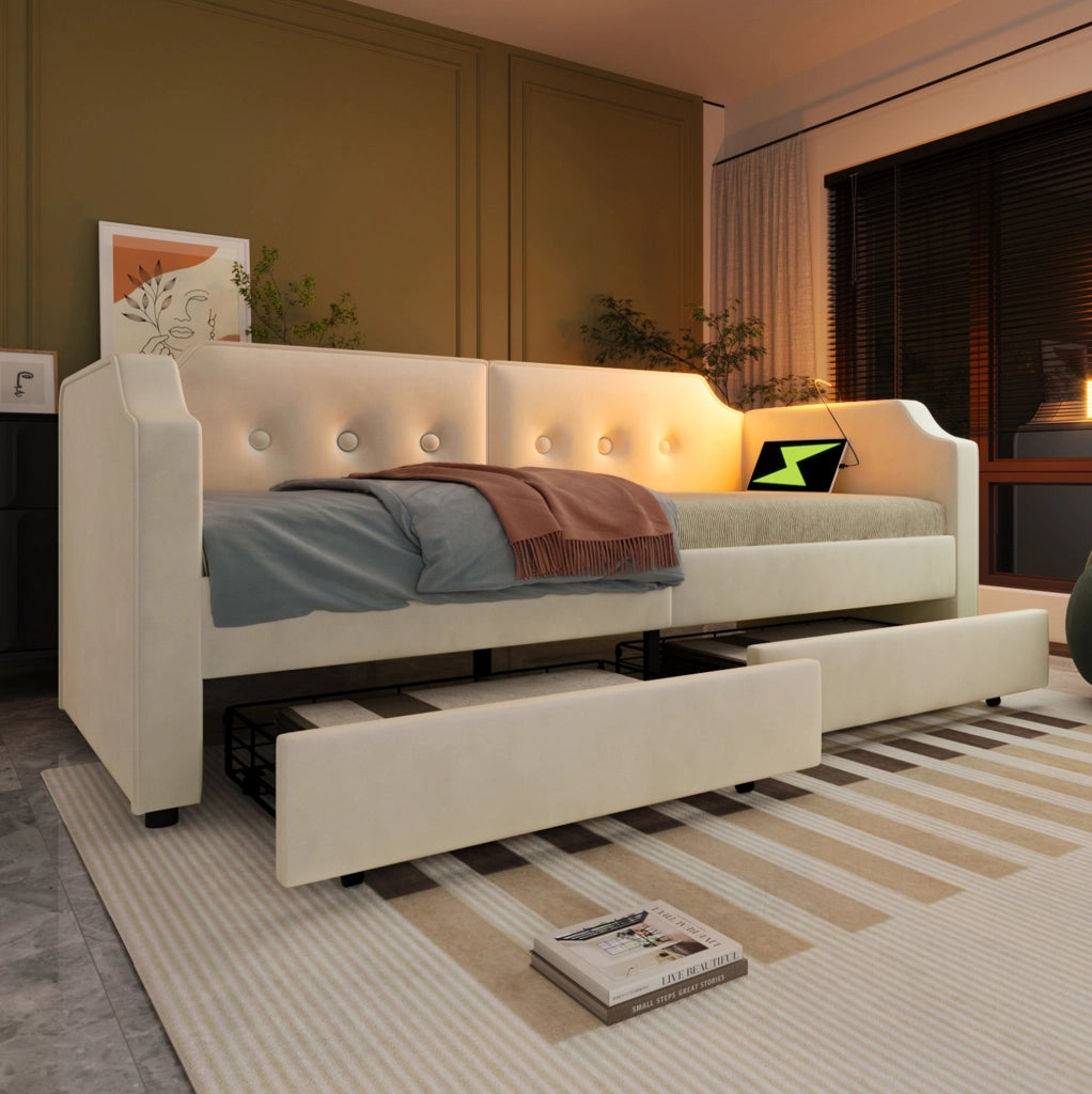 Letto singolo imbottito 90x200 beige con USB-C e cassetti