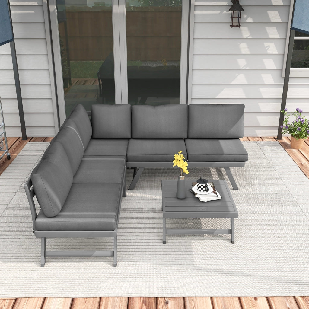 Set divano angolare esterno 4 pezzi con 2 divanetti, 1 poltrona e 1 tavolino ¨C zephmum ¨C polyrattan grigio
