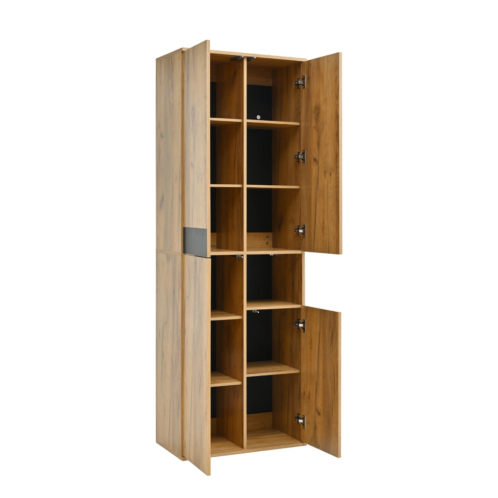 Armadio alto con specchio, quattro ante e vano a giorno, design moderno, colore nero e naturale, 65 x 35 x 190 cm