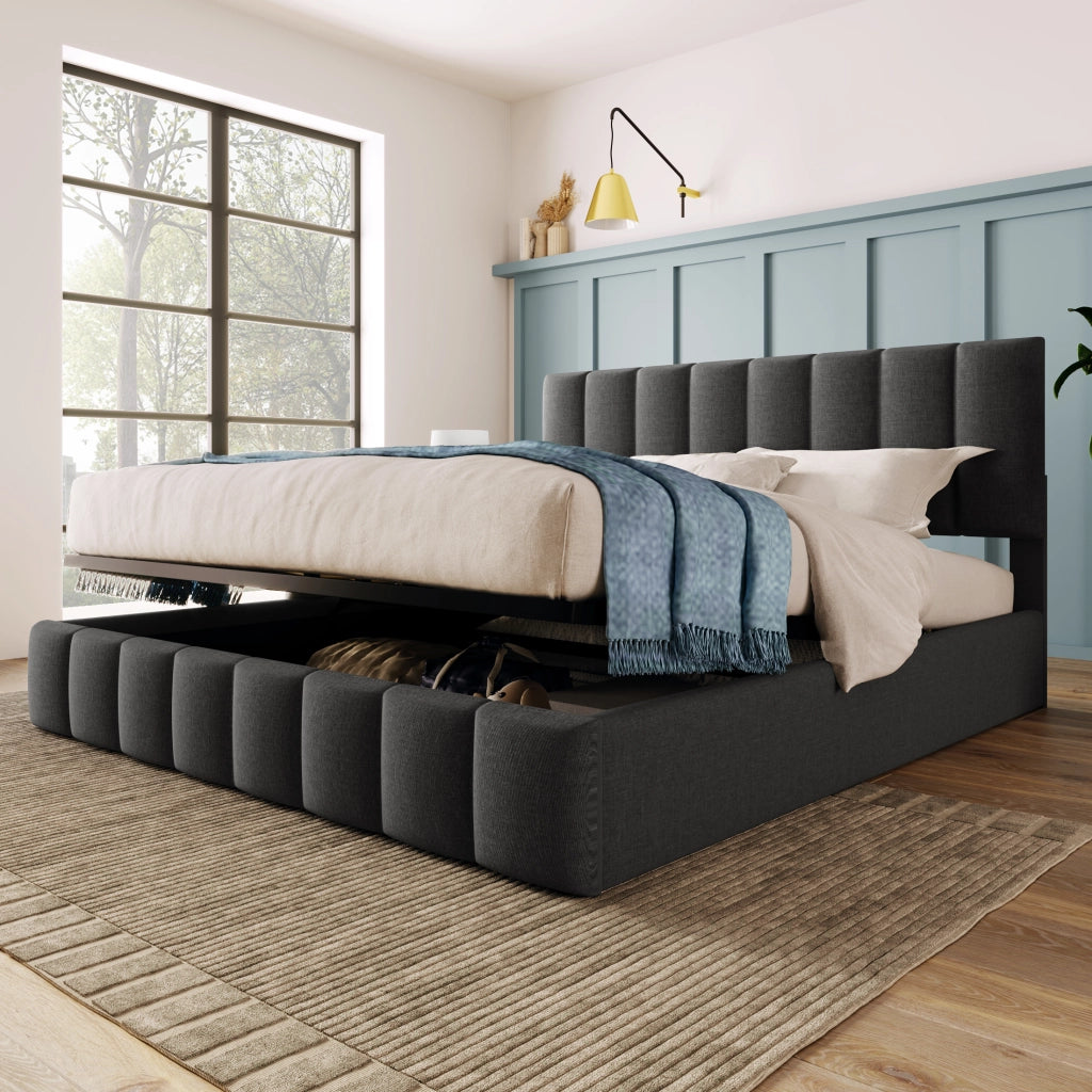 OKWISH Letto Contenitore 140×200 cm, Letto Matrimoniale con Testiera Regolabile e Vano Contenitore, senza Materasso, in Lino, Grigio