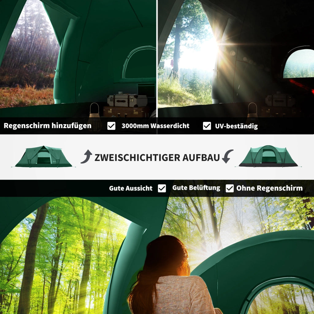 Tenda da campeggio per 5-6 persone: tenda a tunnel con pioli; tenda a cupola; poliestere; verde esercito + nero; 4;55x2;3x1;8m