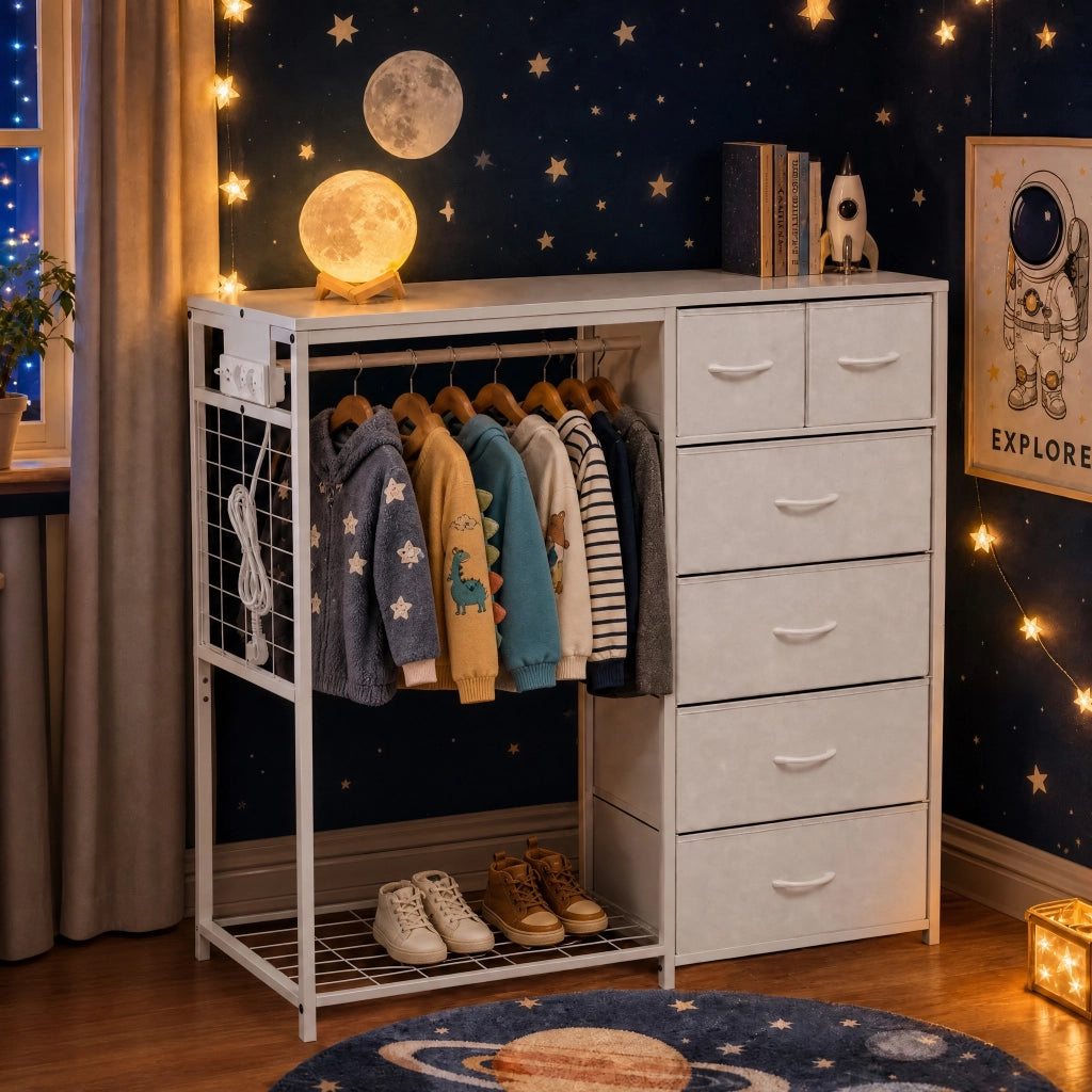 Armadio per bambini con 6 cassetti in tessuto, barra appendiabiti, presa elettrica e ripiano scarpe, per cameretta, bianco