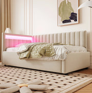 Letto imbottito 90x200 cm con LED e vano idraulico in velluto beige