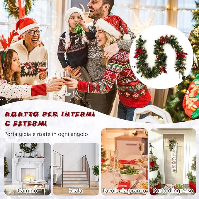 Ghirlanda di Natale Artificiale Pre-Illuminata 270CM con Luci LED, Pigne, Bacche e Fiori, Ghirlanda Natalizia a Batteria per Porta, Scale e Mensola, Decorazione Natalizia Interna ed Esterna