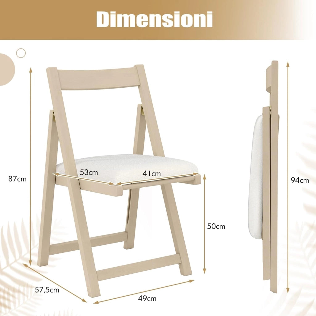 Set di 2 Sedie Pieghevole, Sedie da Pranzo in Legno di Gomma con Schienale Curvo e Seduta Imbottita, Portata 150 kg, Sedie Ergonomiche per Cucina, Soggiorno, Matrimonio e Ristorante (Beige)