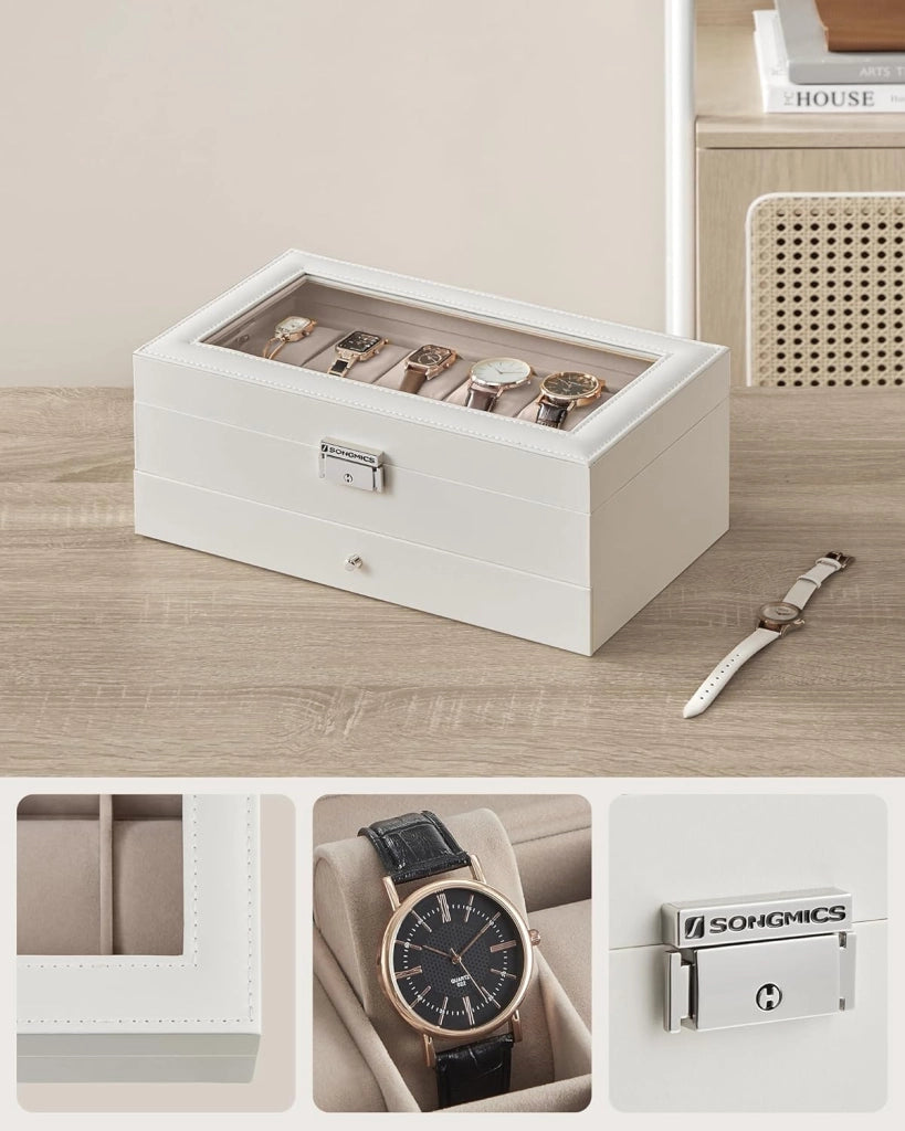 Porta Orologi a 12 Posti, Scatola Portaorologi a 2 Livelli, Coperchio in Vetro, Chiusura, Cassetto, Idea Regalo, Superficie in PU Bianca Nuvola, Interno Beige Cappuccino JWB012W01