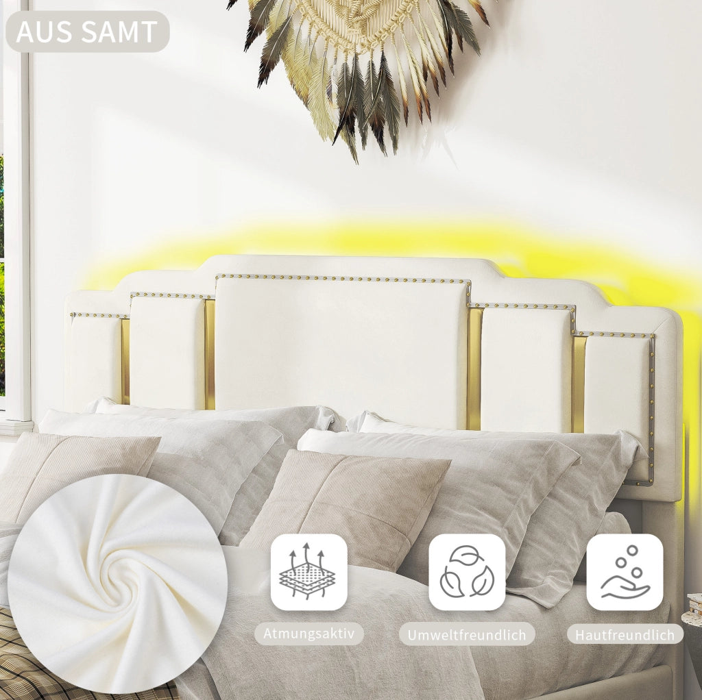 Letto imbottito 140x200 beige con LED e 4 cassetti