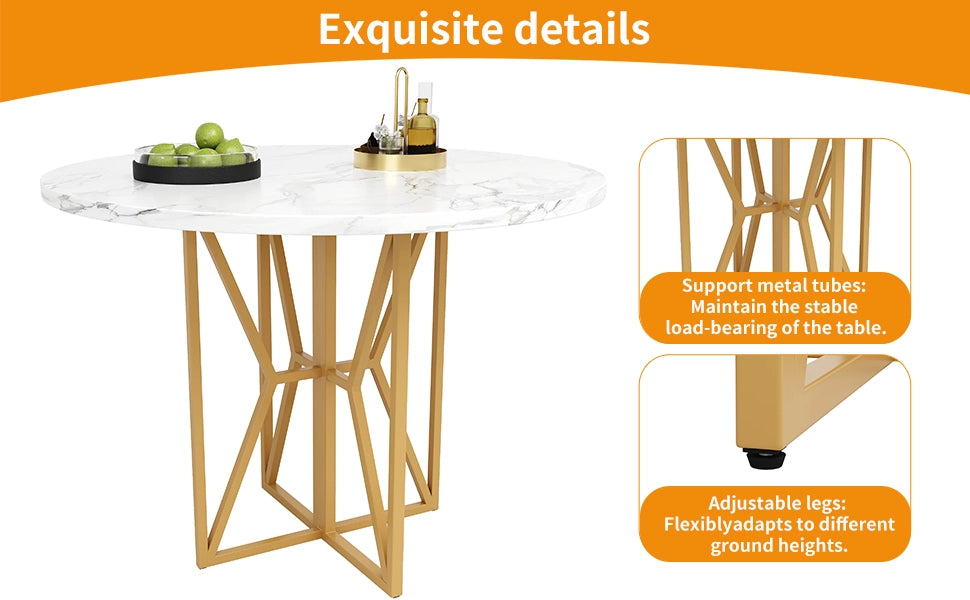 Tavolo da Pranzo Rotondo ¨C MINIMAL ¨C Piano Effetto Marmo MDF, Gambe Dorate, 80x80x76 cm
