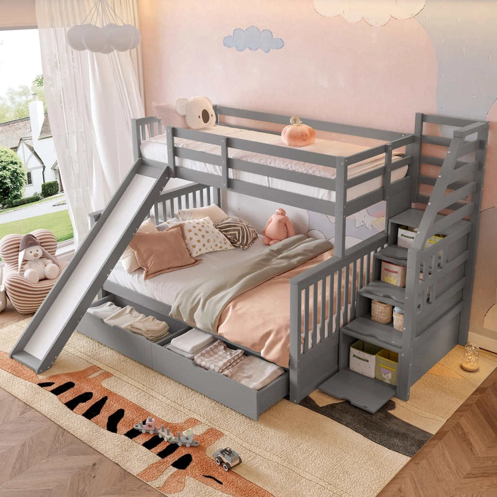 Letto a castello 90x200/140x200 con scivolo, cassetti e scala grigio