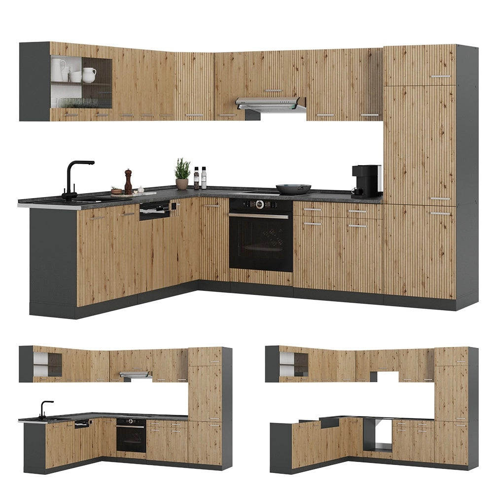 Cucina angolare completa R-Line Rovere artigianale/Antracite 287 x 227 cm, PL Marmo Vicco
