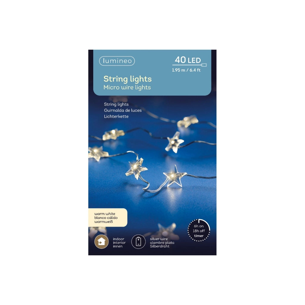 Micro Led c/stelle luce fissa argento/bianco caldo 195cm 40L a batteria