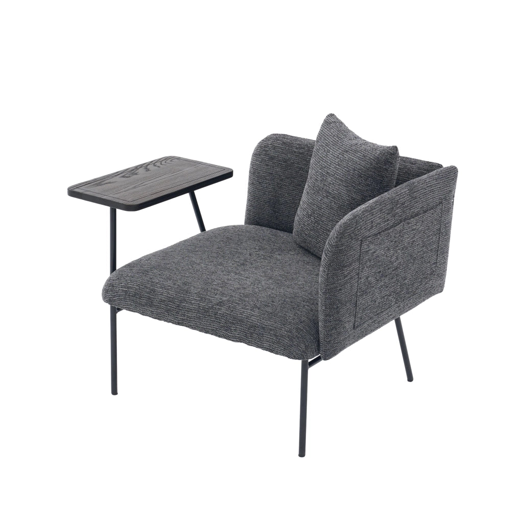 Poltrona moderna in chenille grigio scuro con tavolino laterale e 2 tasche portaoggetti