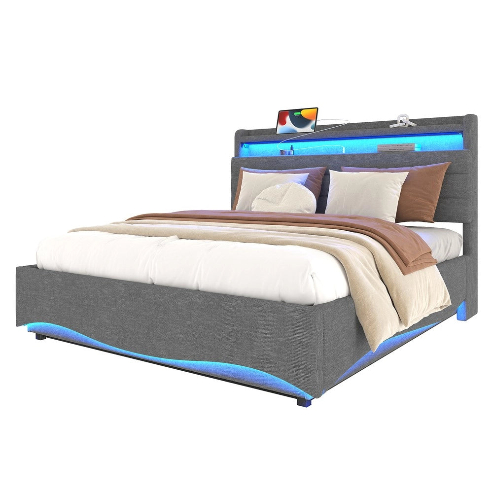 Letto Imbottito Contenitore con LED ¨C MINIMAL ¨C Tessuto Grigio 140x200 Idraulico