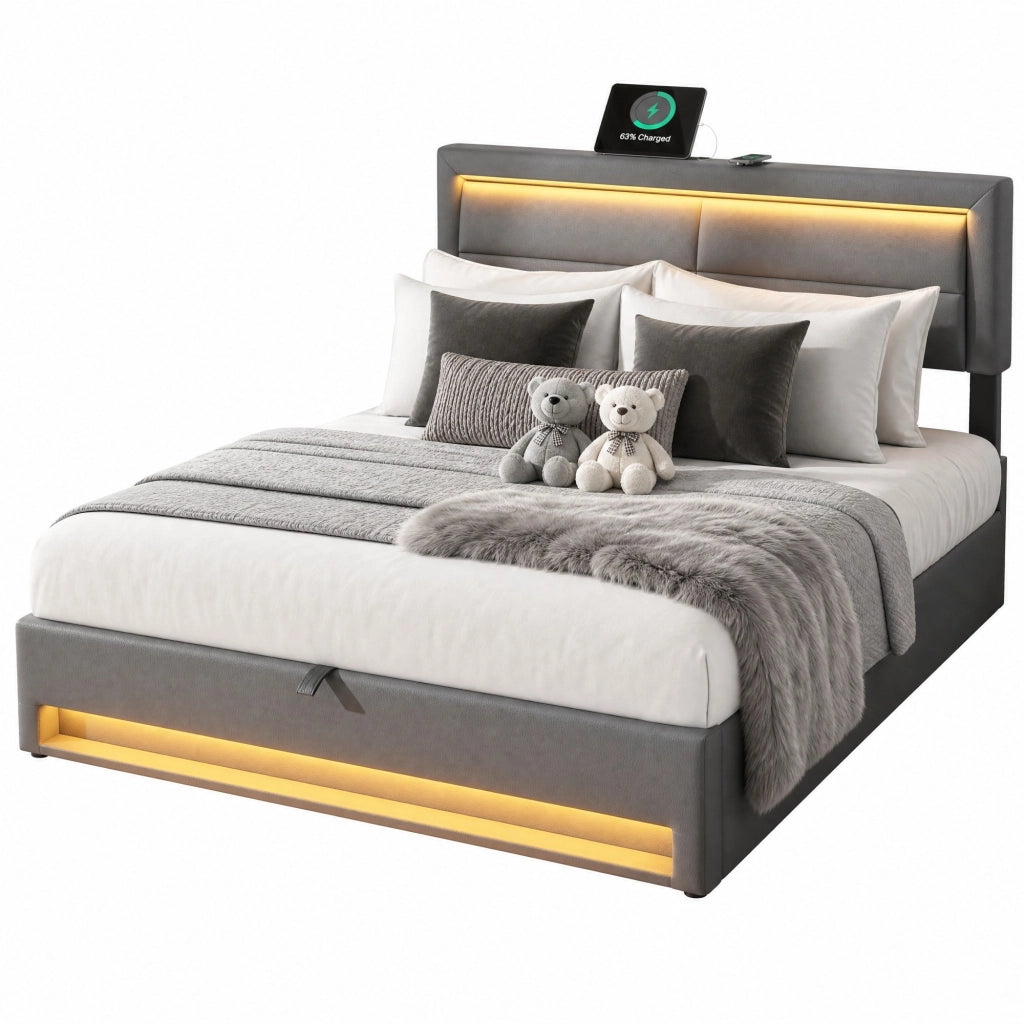 Letto imbottito 160x200 cm in PU grigio con USB; LED e contenitore
