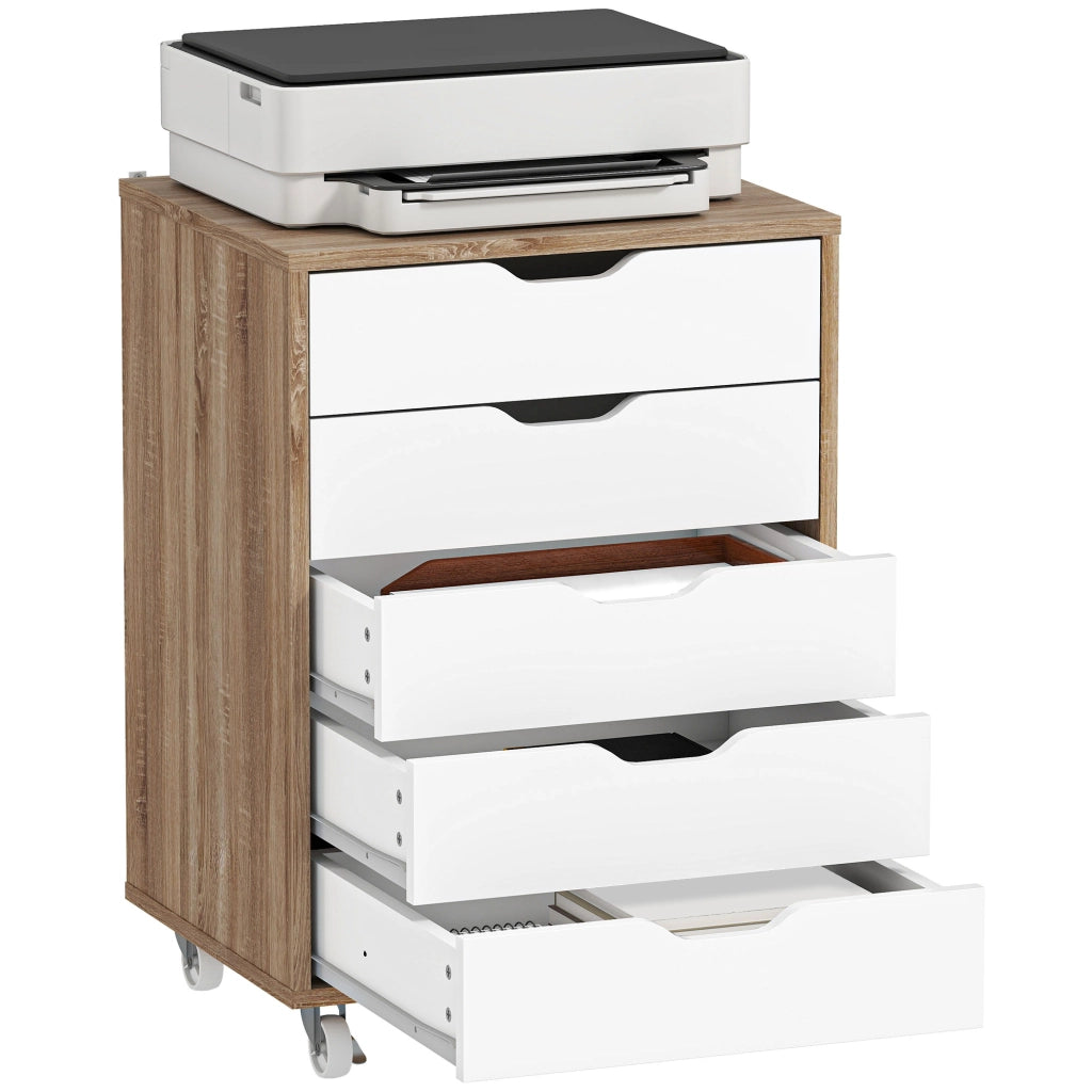 Scrivania con cassettiera mobile ¨C zephmum ¨C 5 cassetti, bianco e rovere, 47.5x39.5x67.5 cm