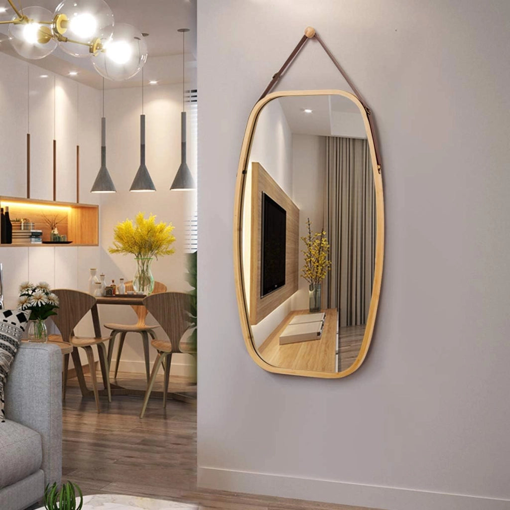 Specchio Ovale da Parete, Specchio Sospeso per Appendere, Cornice in bambù, Moderno, per Bagno Camera da Letto Soggiorno (77 x 44 x 1,5 cm)