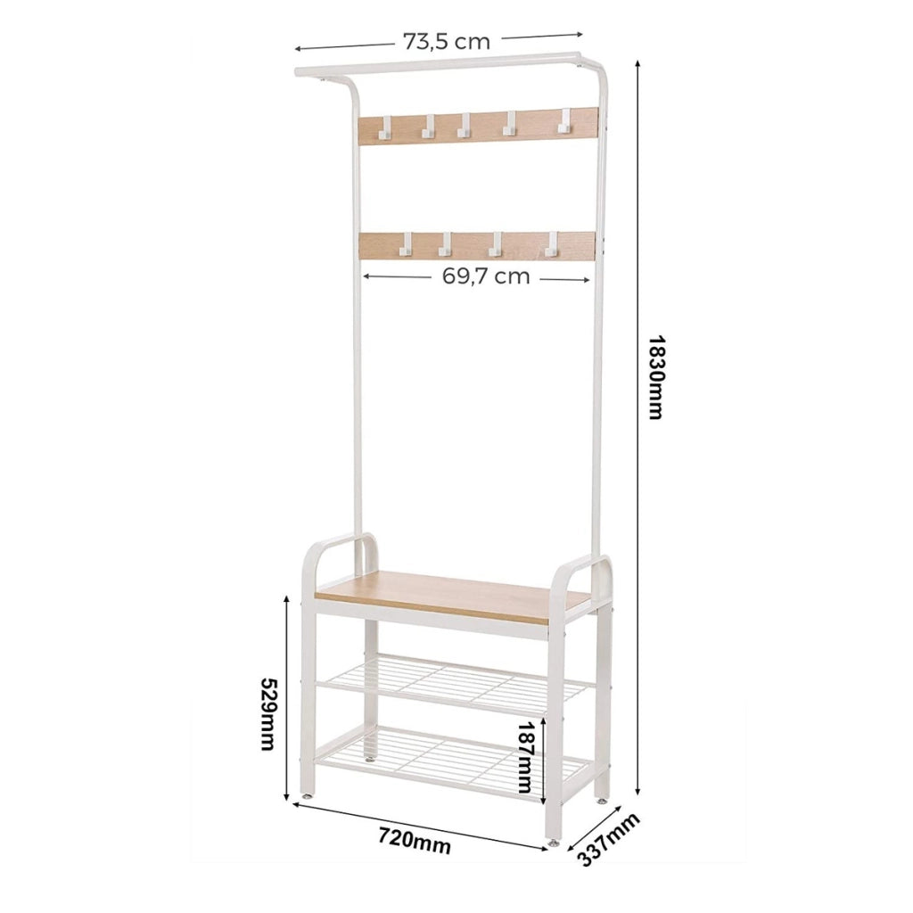 Appendiabiti con Panca e Scarpiera in Metallo Bianco e Legno
