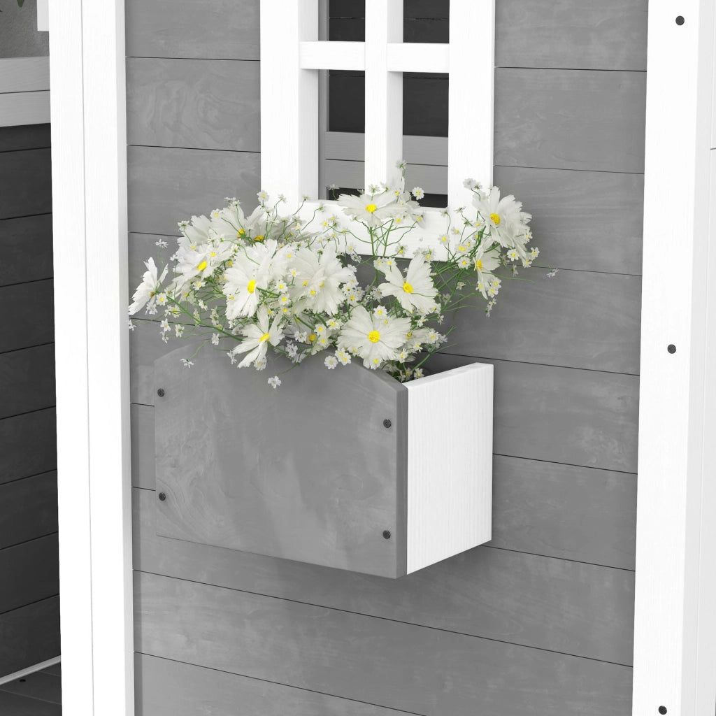 Casetta per Bambini 3-8 Anni con 6 Finestre e Fioriera 104,5x110x137 cm in Legno di Abete Grigia