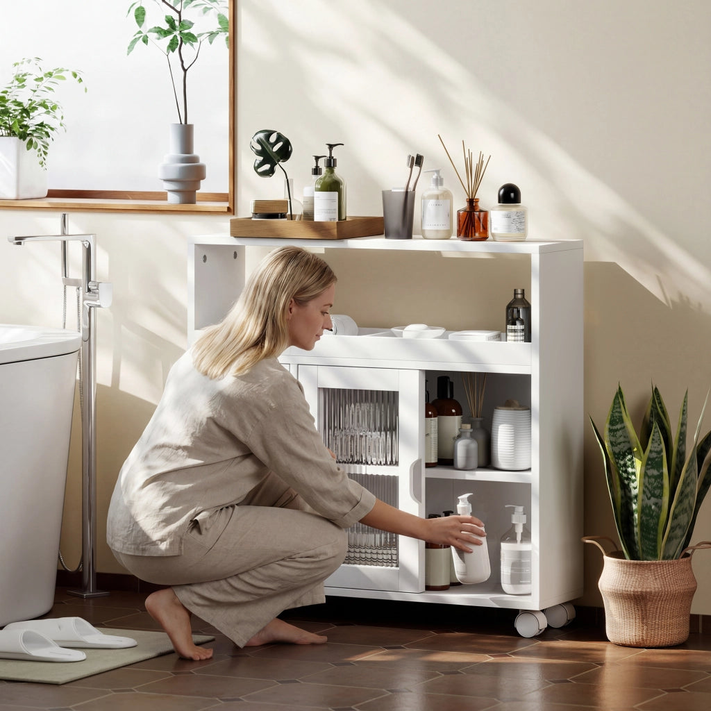 Mobile Bagno con Ante Vetro e Ruote ¨C Zephmum ¨C Bianco Legno 71x20x70 cm