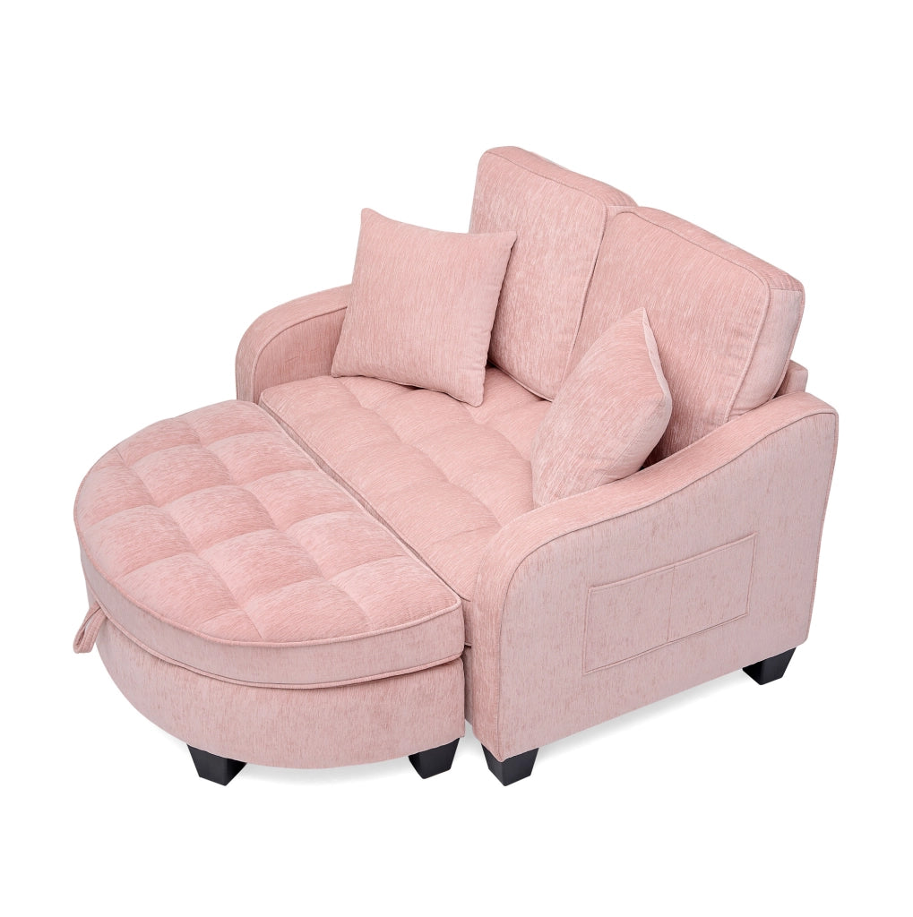Divano letto 2 in 1 trasformabile con pouf contenitore 132x129x93 cm in tessuto rosa