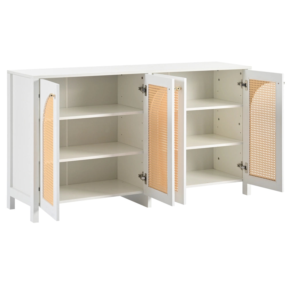 Sideboard a 4 ante; in MDF; truciolare e rattan sintetico; bianco