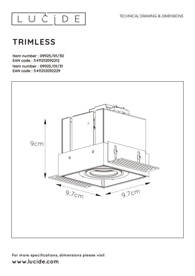 Faretto da incasso Lucide Trimless GU10 5W bianco quadrato