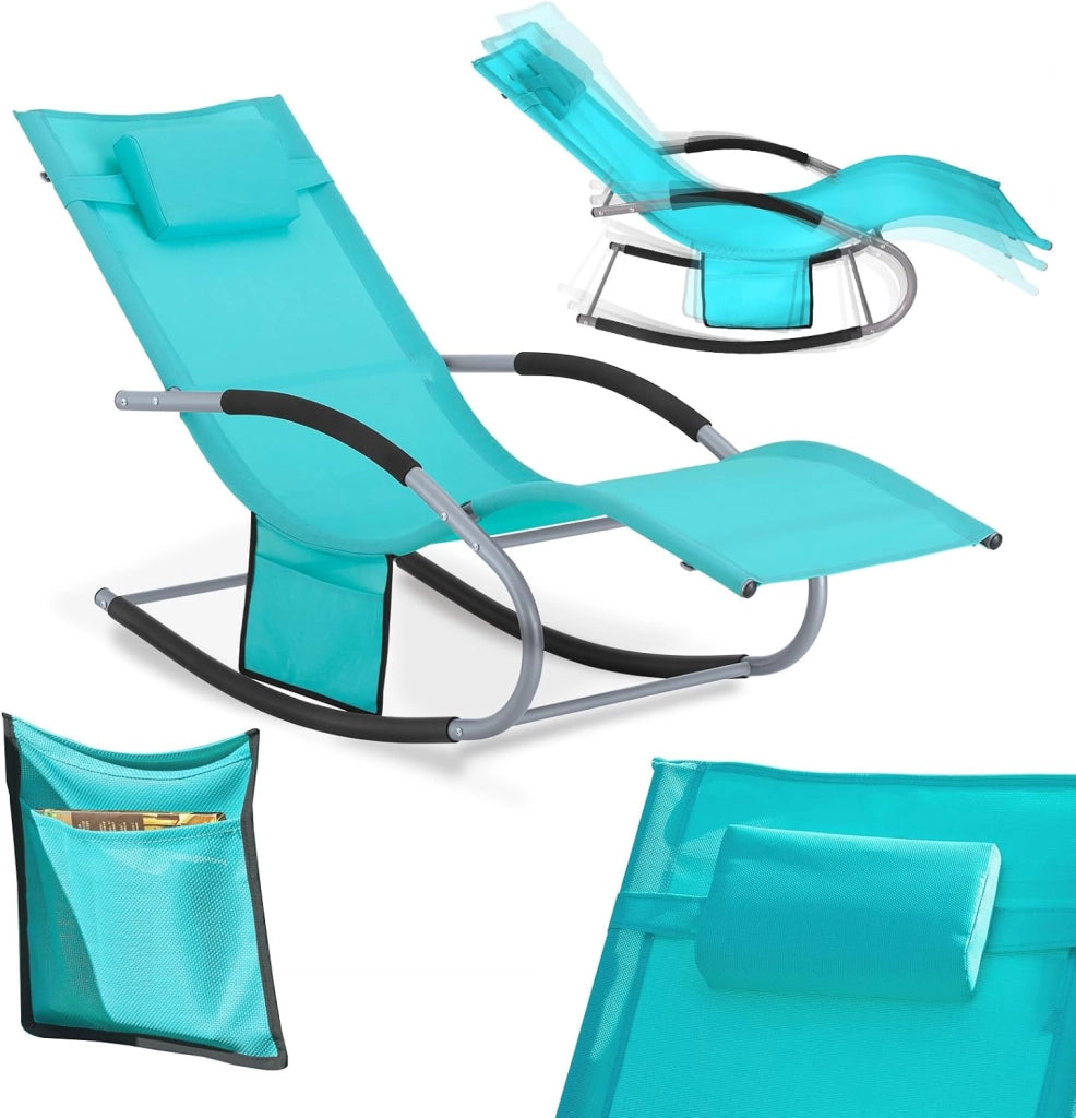 Lettino Sdraio da Giardino a Dondolo - Sedia a Dondolo da Esterno in Textilene Azzurro con Telaio in Metallo, 150x63x87cm, Lettino Prendisole per Terrazza, Piscina, Patio, OGS28-HB