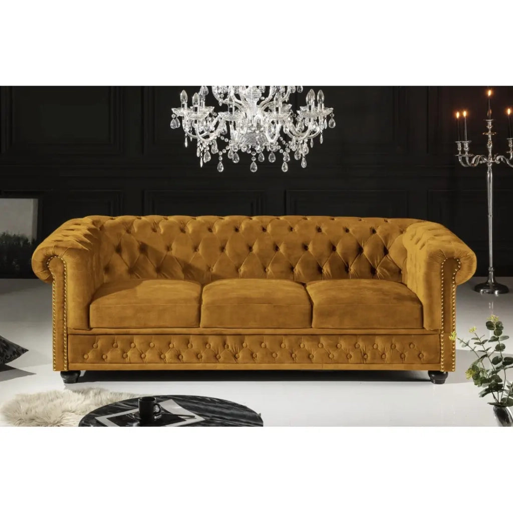 Divano dritto EDGAR – Giallo senape – 3 posti – Velluto stile barocco