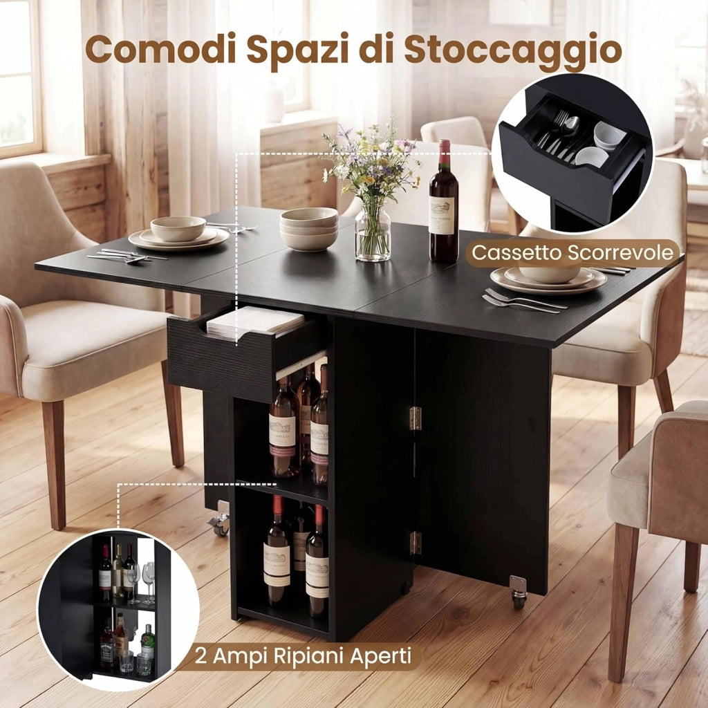 Tavolo da Pranzo Pieghevole, Tavolo Salvaspazio per 4-6 Persone con 2 Ripiani, Cassetto e Ruote a Freno, Tavolino Cucina per Cucina, Soggiorno e Ufficio, 120 x 72 x 75 cm (Nero)