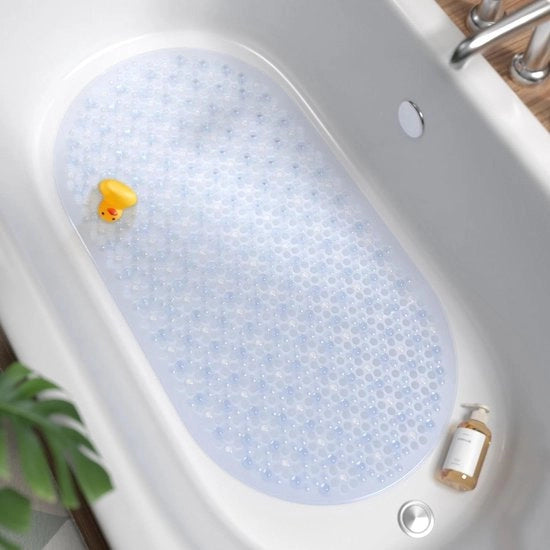 Douchemat ovale antislip 68 x 38 cm per bagno lavabile in lavastoviglie con presse e fessure di scarico morbido sulle piante dei piedi trasparente.