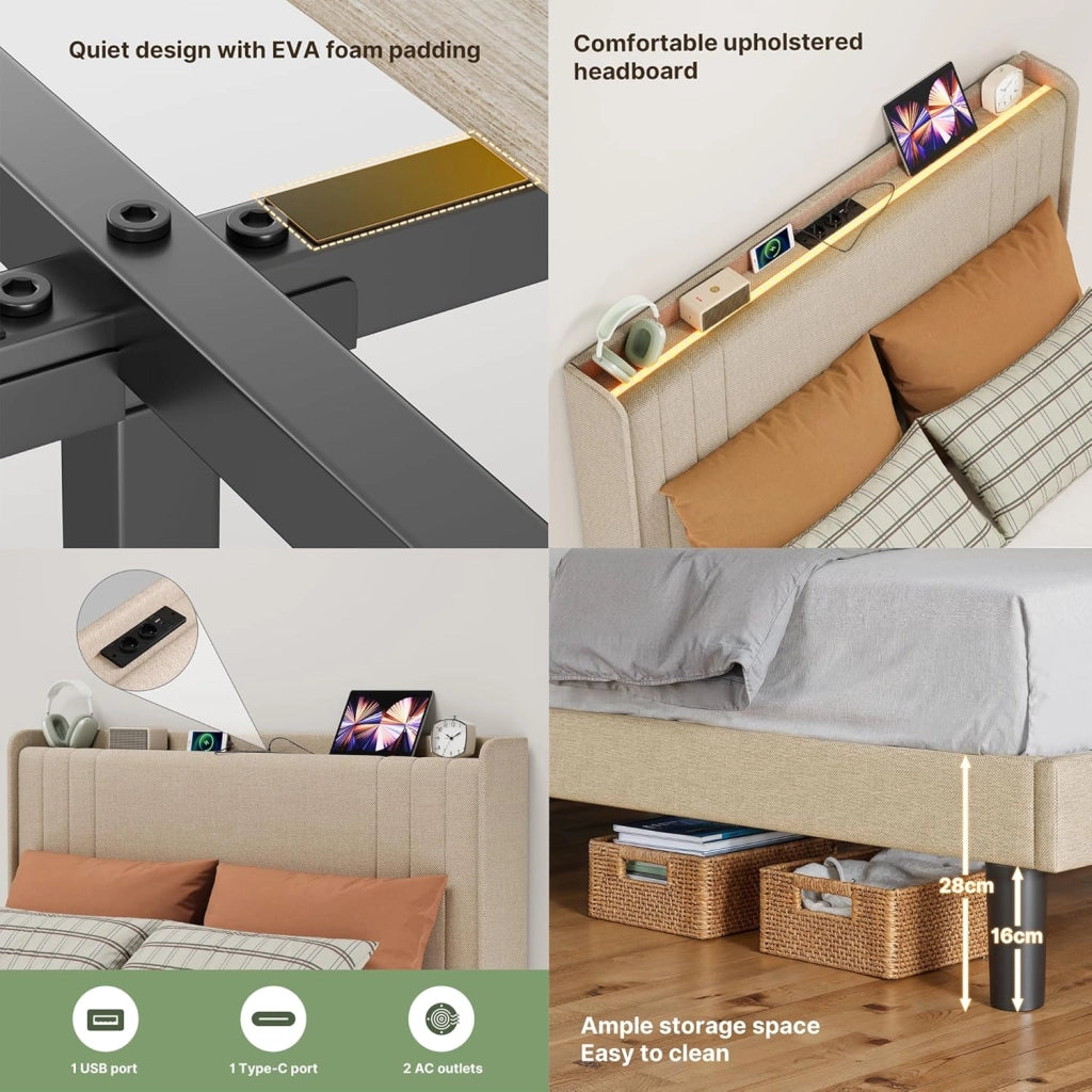 Letto imbottito con luce LED 120 x 200 cm，Piattaforma Struttura letto (2 Prese CA 2 Porte USB), Per le camere degli ospiti e le camere da letto (Beige, 120 x 200 cm)