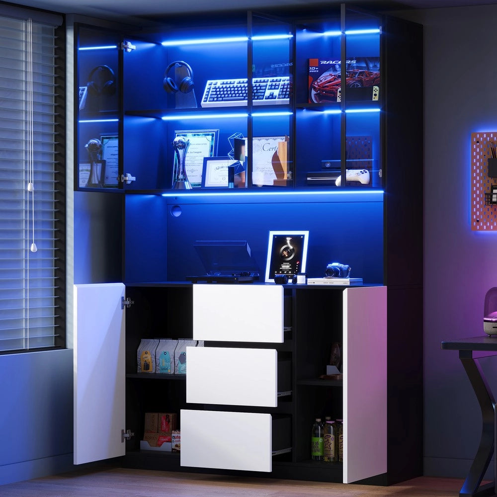 Vetrina a LED in vetro temperato - Zephmum - 120¡Á40¡Á200 cm - Aperta con ante e cassetti